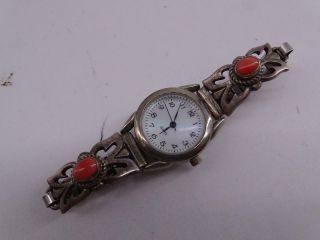 Vtg Sterling Silver Coral Navajo Native American Indian Wristwatch Band Lady 