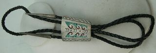 Old Pawn Vintage Zuni Turquoise & Coral Wave Symbol Chip Inlay Sterling Bolo Tie