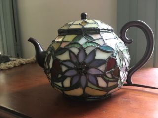 Vintage Tiffany Style Lamp Tea Pot Kettle Floral Stained Glass Table Light