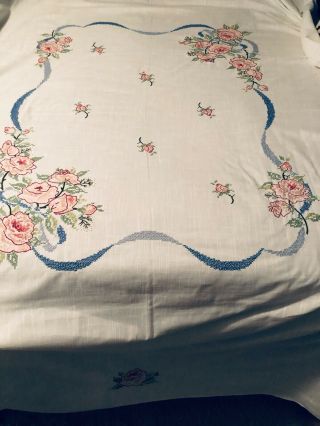 Vintage Hand Embroidered Tablecloth 62 " X88” Cross Stitch Rose Floral - White Cloth