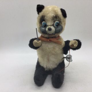 Vintage Tinplate Clockwork Mechanical Plush Toy Panda Bear