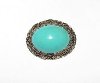 Vintage Chinese Vermeil Silver Turquoise Cabochon Brooch From China Pin