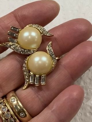 Vintage Signed Nina Ricci Gold Tone Center Pearl Rhinestones Pierced Earrings