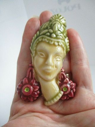 Vintage Asian Thailand Woman Face Head Ceramic Pin Brooch Elzac? Flower Earrings