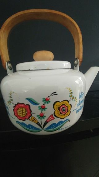 Vintage Berggren Enamel Swedish Tea Pot Teapot With A Wooden Handle