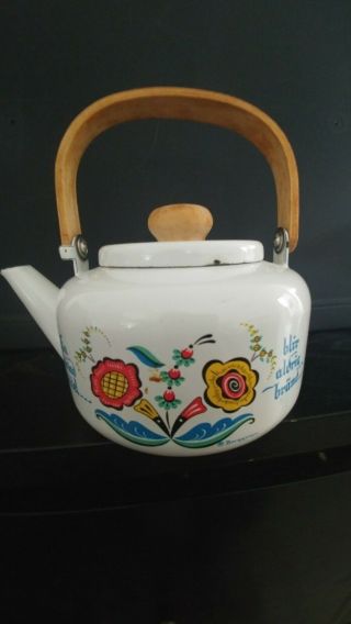 Vintage Berggren Enamel Swedish Tea Pot Teapot with a wooden handle 2