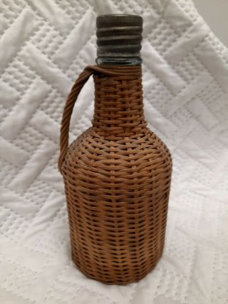 Estate Find Vintage Wicker Wrapped W/handle Glass Wine Jug W/cap 8 1/2 Inches