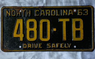 1963 North Carolina Nc Drive Safely License Plate Tag 480 - Tb Vintage Black