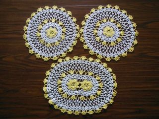 Vintage Hand Crocheted White And Yellow Cotton Doily Set