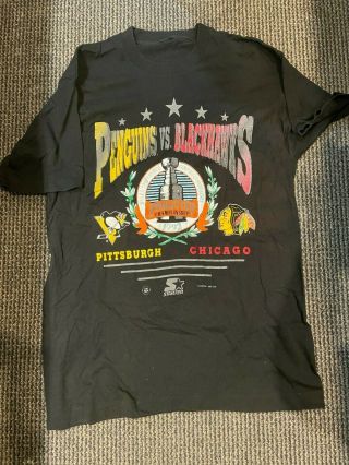 Stanley Cup Pittsburgh Penguins Vs Blackhawks 1992 Vintage T Shirt Size L/xl