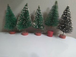 5 Vintage Bottle Brush Christmas Trees Natural Tree Wood Bases