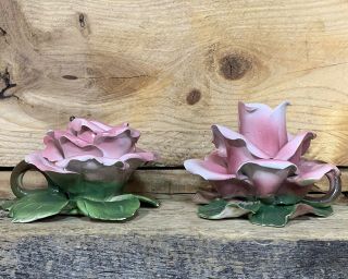 Vtg Capodimonte Two Rose Candle Holder Nuova Pink Flowers In Porcelain Italy (2)