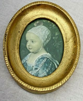 Vintage Miniature 4” Victorian Framed Art Oval Wood Photo Of Child In Lace Cap