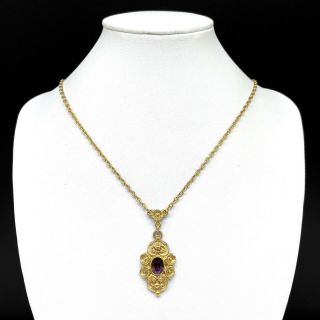 Vintage 1928 Purple Crystal Rhinestone Pendant Gold Tone Chain Necklace Flower