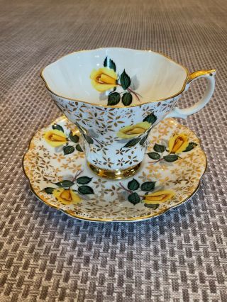 Vintage Royal Albert Lyric Shape Yellow Rosebuds,  Gold Flowers Teacup & Saucer