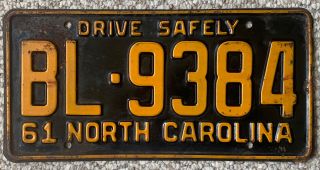 1961 North Carolina Nc Drive Safely License Plate Tag Bl - 9384 Vintage Black