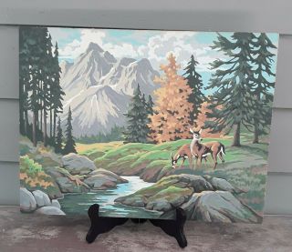 Vintage Pbn Paint By Number Forest Scene 2 Deer Mountains Stream Trees Rocks