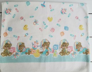 Vtg Riegel Teddy Bear Baby Flannel Receiving Blanket Usa Sleep Stripe Pajama Pin