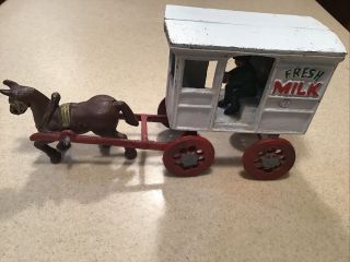 Vintage Cast Iron White Horse Drawn Wagon Fresh Milk Carriage