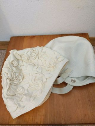 2 Swimcaps White Vintage Womens Flower Crepe Textured Swim Cap