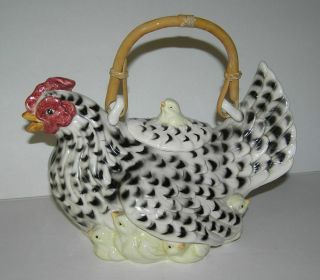 Vintage Fitz & Floyd Poulet Hen Chicks Teapot Bamboo Handle 1990