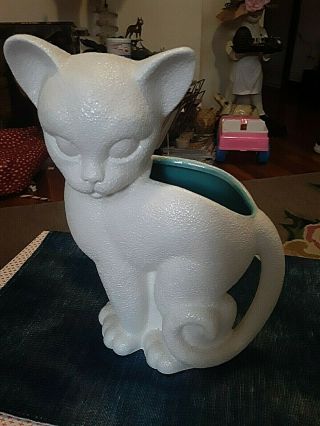 Vintage Royal Haeger 507 Textured White Cat Kitten Teal Interior Planter Vase