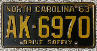 1963 North Carolina Nc Drive Safely License Plate Tag Ak - 6970 Vintage Black