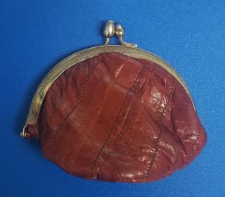 Vintage Eel Skin Brown Double Kiss Snap Coin Change Purse Wallet