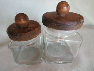 Vintage Pair Anchor Hocking Clear Glass Apothecary Jars Wood Lids With Seals