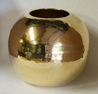 Vintage Round Hammered Brass Planter/vase.  Made In India.  7 " Tall.
