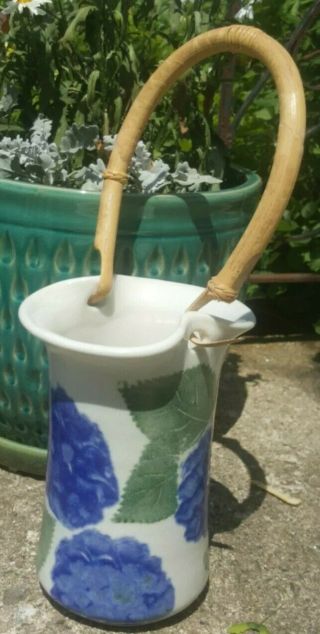 Vintage Chatham Pottery Cape Cod Ma Blue Berry Bush Vase Bamboo Handle Beauty