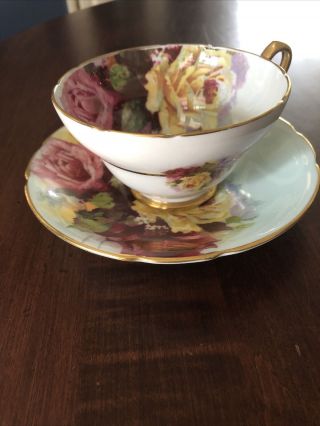 Vtg Stanley Teacup & Saucer Pink & Yellow Roses On Bone China England