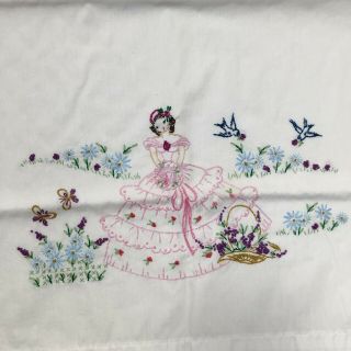 Vintage Embroidered pillow cases set of 2 antebellum lady girl floral pink 2
