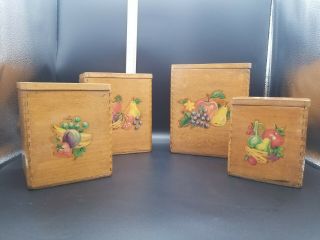 Vintage 1950s Set Of 4 Wood Nesting Canisters Fruit Apples,  Pears,  Grapes,  Etc