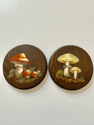 Vintage Mushroom Wood Wall Plaques Hand Painted Artist Signed