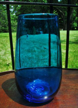Vintage Azure Blue Contemporary Hand Blown Art Glass Vase Rough Pontil 9 " Tall