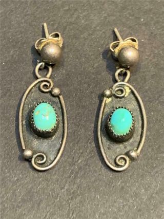 Vintage Navajo Sterling Silver And Turquoise Shadow Box Earrings