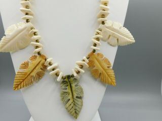 Vintage Tagua Nut Vegetable Ivory Carved & Dyed Leaf 26 " Necklace