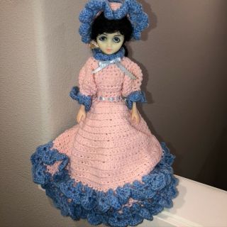 Vtg Mid Century 14 " Doll Pink Blue Hand Crocheted Dress & Hat Brunette Blue Eyes