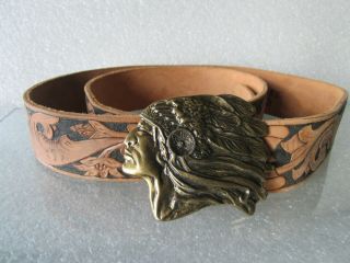 Vintage Native American Indian Chief Design Bronze Clad Belt Buckle Leather Belt