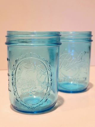 Vintage Blue Ball Jars Canning Wide Mouth Fruit Glass Aqua Set Of Two