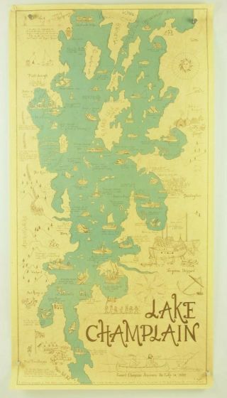 Vintage 1974 Map Whimsical View Of Lake Champlain Vermont York Langworthy