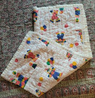 Vintage 1985 Dundee Circus Clowns Quilted Baby Blanket Balloons Primary Colors