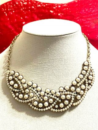 Vintage Faux Pearl Bib Collar Necklace Gold Tone Chain 18” Adjustable
