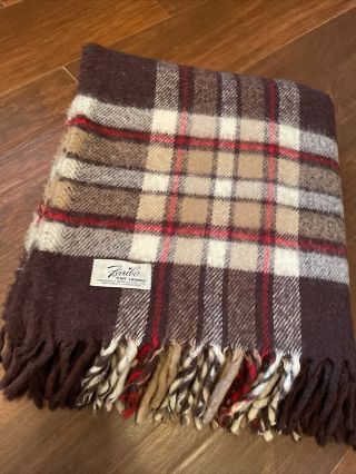 Vtg Faribo - Fluff Loomed Wool Plaid Throw/blanket Brown Red White 52” X 55”