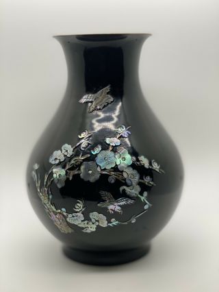 Vintage Black Enamel Brass Vase Korea Mother Of Pearl Inlay Birds Blossom 8”