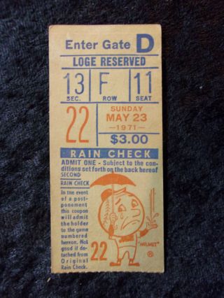 Vintage May 23,  1971 York Mets Vs Atlanta Braves Ticket Stub Hank Aaron T585
