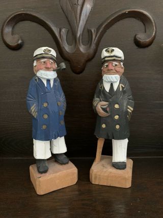 2 Vintage Hand Carved Wooden Sea Captains Sailor Nautical Figures Folk Art