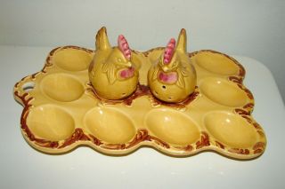 Vintage Deviled Egg Tray Set With Chicken Rooster Salt & Pepper Shakers Japan