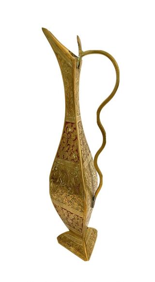 Vintage Floral Embossed 10 " Brass Pitcher Footed Vase India Signed Unusual Shape